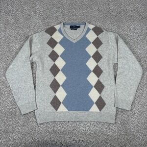 T Harris London Sweater Mens L Gray Blue Himalayan Yak Argyle V-Neck Luxury